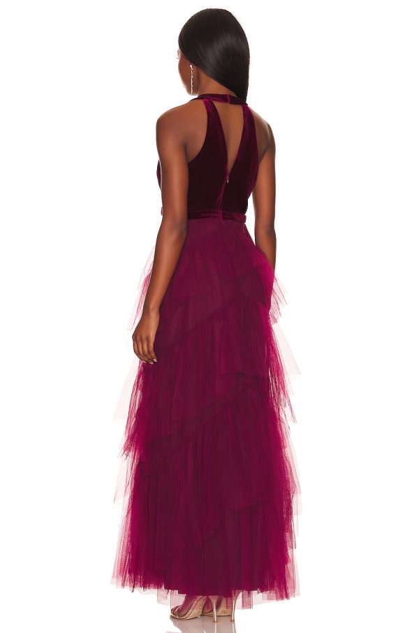 Bcbg Velvet Ruffle Gown Cabernet - Image 2