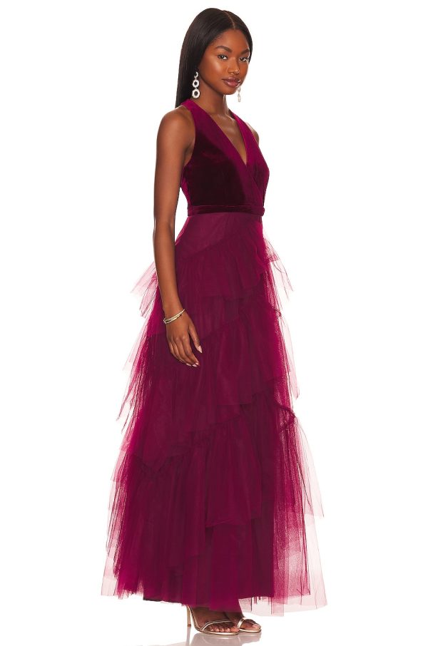 Bcbg Velvet Ruffle Gown Cabernet - Image 3