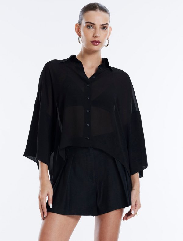 Bcbg Button-Up Batwing Top Black