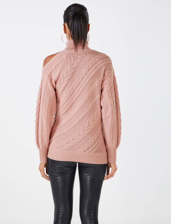 BCBG COLD SHOULDER CABLE KNIT SWEATER - MISTY ROSE - Image 4