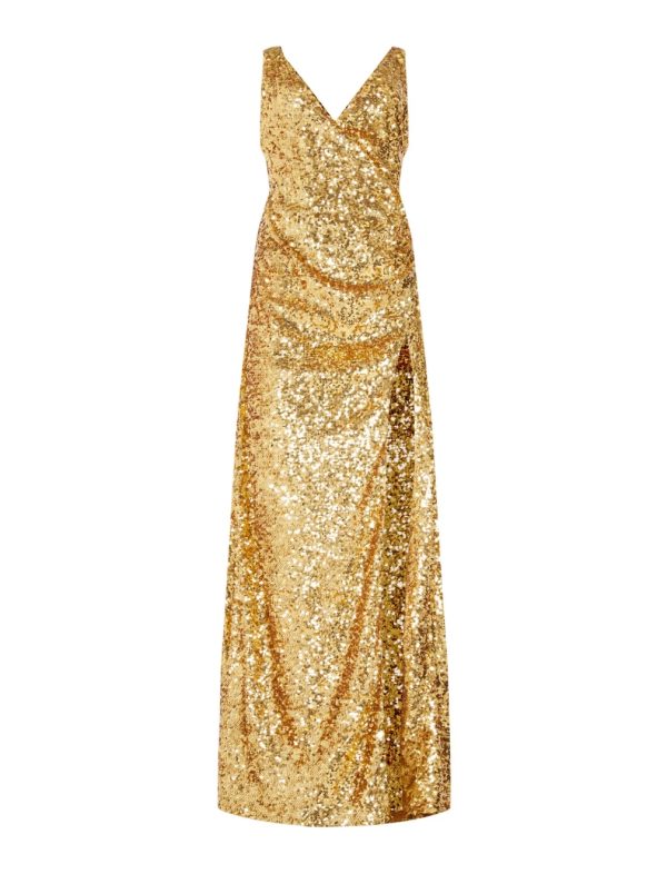 BCBG ALESSIO DRAPED SEQUIN EVENING DRESS - GOLD - Image 5