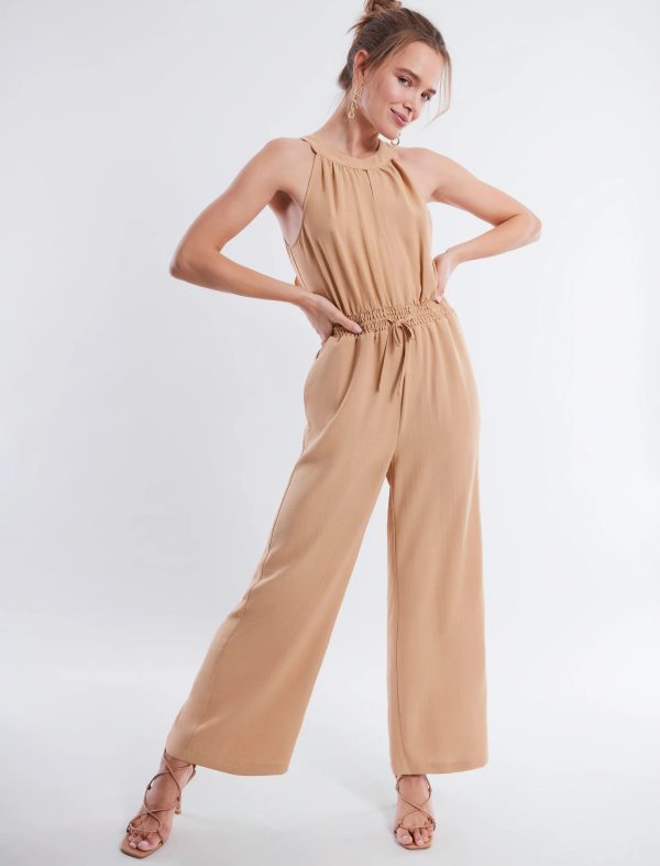 BCBG HALTER NECK BOW JUMPSUIT - TAN