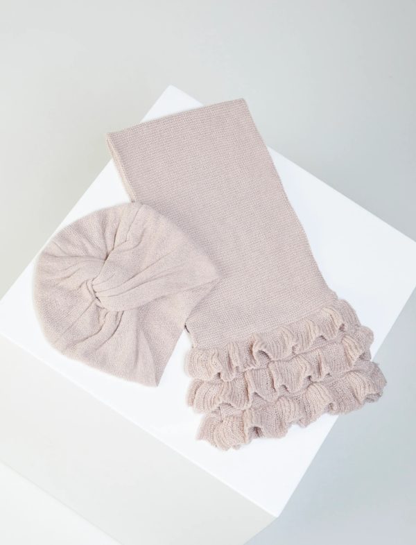 BCBG KNOTTED TURBAN & RUFFLE SCARF SET - BARE PINK