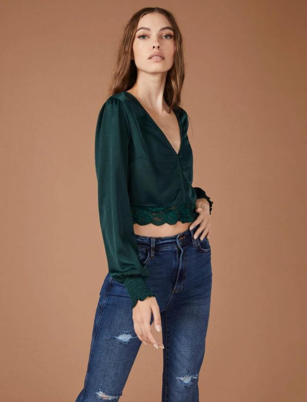 BCBG LACE TRIM SATIN CROP TOP - HUNTER GREEN - Image 3