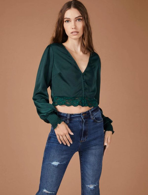 BCBG LACE TRIM SATIN CROP TOP - HUNTER GREEN - Image 4