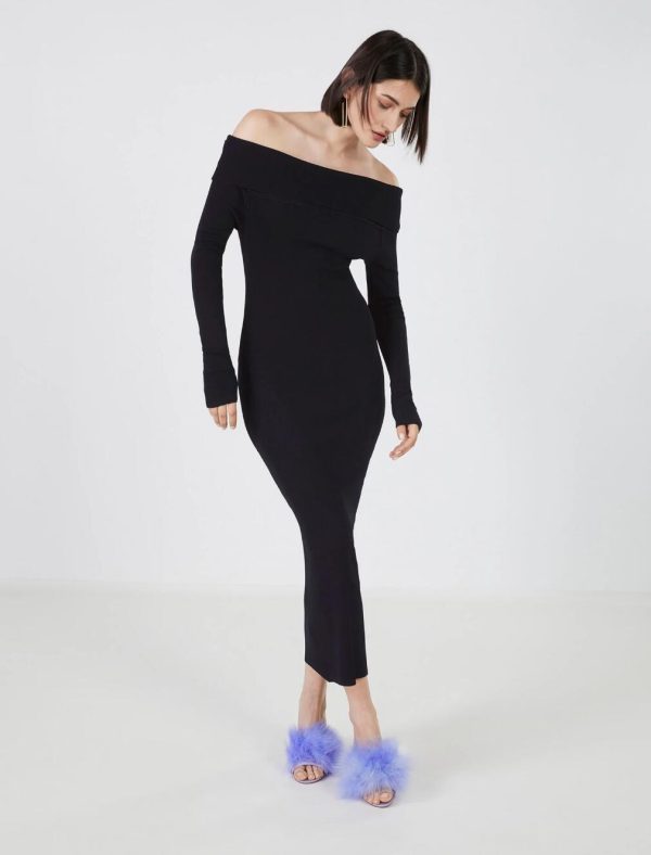 BCBG ARTURO OFF-THE-SHOULDER SWEATER DRESS - BLACK BEAUTY